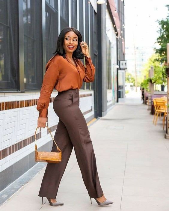 Satin Blouse and Brown Pants